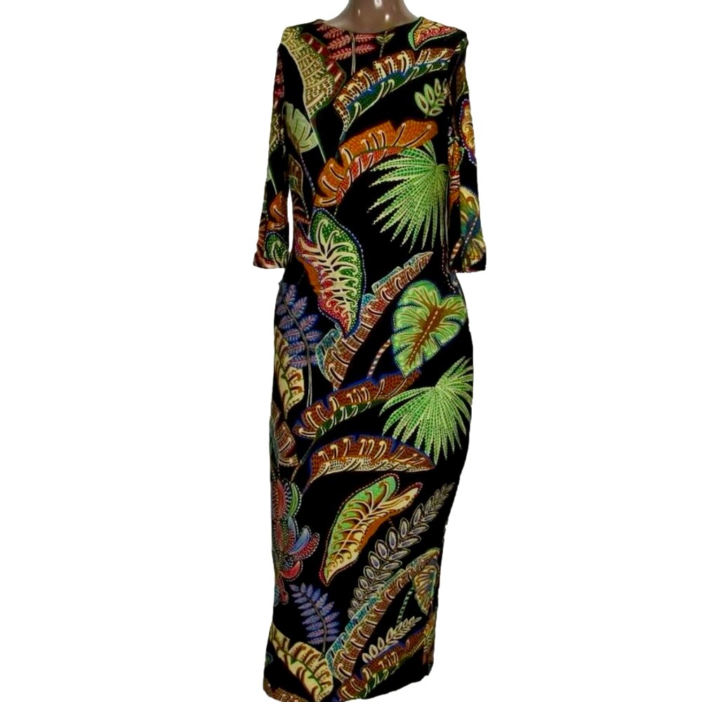 New Farm Rio Midi Dress Black/Multi Size Xs Cool Foliage Jersey Half Sleeve